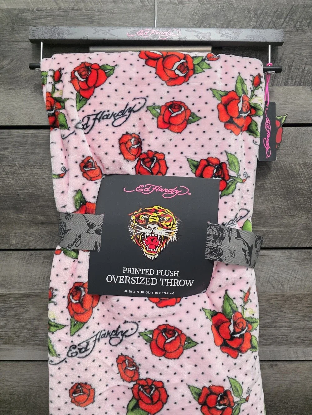 Ed Hardy Roses Oversized Pink Throw Blanket New